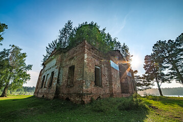 The dilapidated building of the Cathedral of St. John the Baptist in Verkhnyaya Barancha, in the...