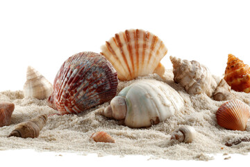 Collection of seashells arranged on sandy beach surface under bright natural light during sunny day