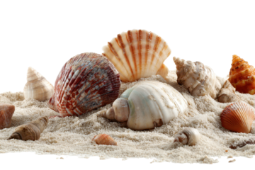 Collection of seashells arranged on sandy beach surface under bright natural light during sunny day
