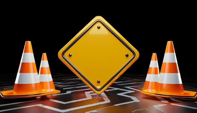 panneau de travaux et cones de signalisation en levitation rendu 3d sur fond transparent