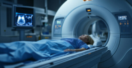 patient is lying on the bed of an MRI scanner
