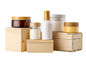 Wellness products arranged on wooden blocks in a bright setting showcasing natural skincare options and elegant packaging