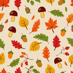 Obraz premium Flat vector illustration of colorful autumn leaves, berries, and acorns in hand-drawn style. Perfect for seasonal design, fall decorations, cards, patterns, and Thanksgiving themes.
