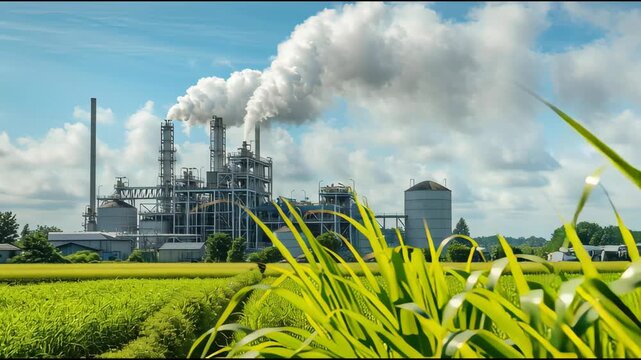 Fusion of lush sugarcane fields and advanced beet sugar refinery operations under clear skies, highlighting industrial machinery, billowing steam, and the harmonious contrast between agriculture and m