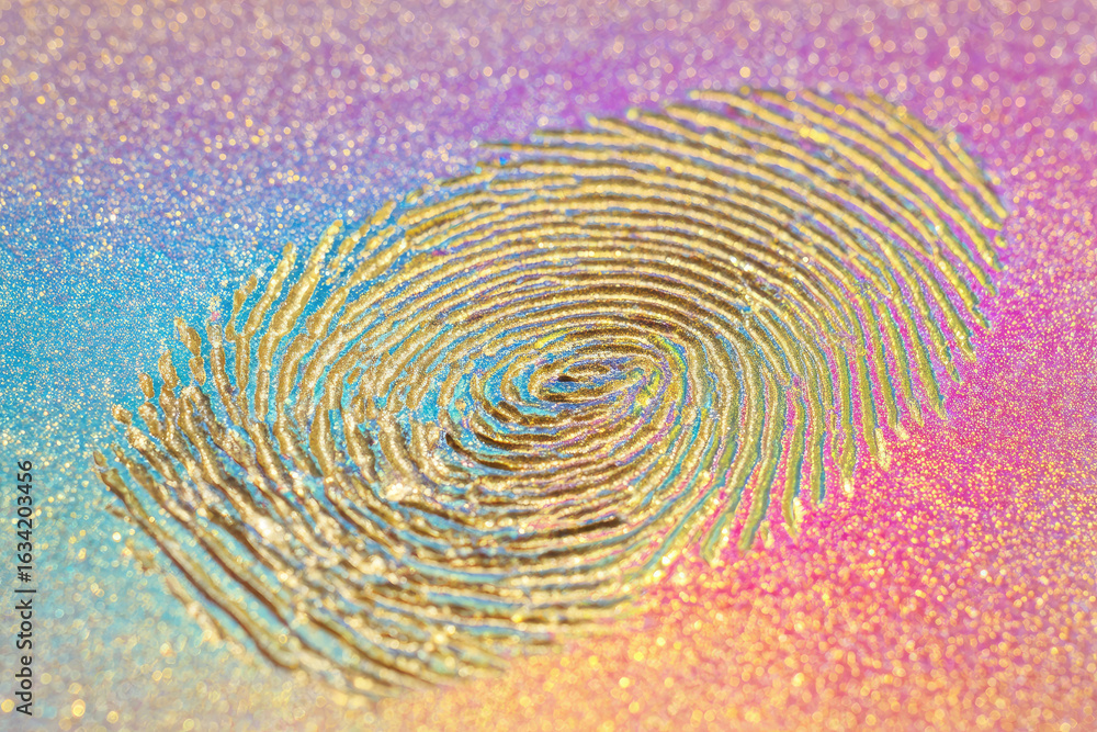 Poster golden fingerprint on glittery pastel background security concept biometric identification abstract 