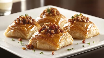Delicious Sweet Pastry with Nuts and Syrup on a White Plate