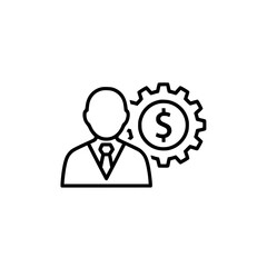 Businessman with gear and dollar sign line drawing a minimalist black and white vector icon 