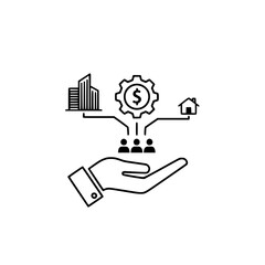 Hand holding buildings gear and people line drawing a minimalist black and white vector icon 