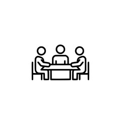 Three people sitting at a table line drawing style a minimalist black and white vector icon 