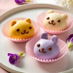 Naklejka premium Three cute animal shaped desserts on a white plate