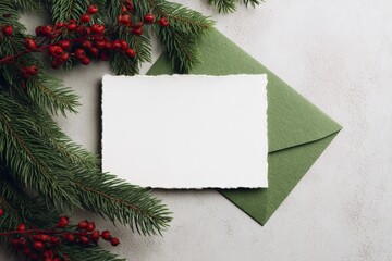 Flatlay Christmas card mockup with green envelope and red berries