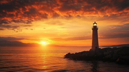 Lighthouse at sunset over the ocean.