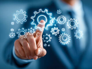 Digital interface with interconnected gears symbolizing innovation and technology integration
