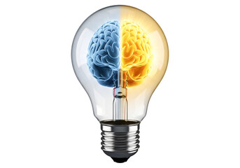Conceptual light bulb with a split human brain inside representing ideas and innovation isolated on transparent background
