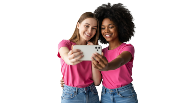 diversity, race, ethnicity and people concept - international couple of happy smiling different young women, wearing pink t-shirts anf denim shorts taking selfie with smartphone in studio 