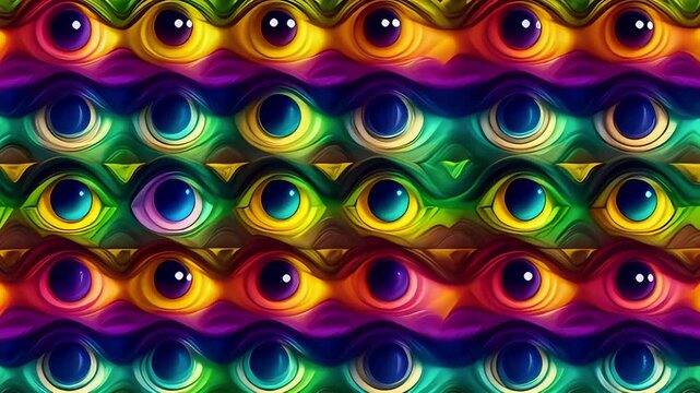 Psychedelic abstract background with colorful rainbow eyes patter seamless loop