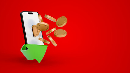Mobile phone with arrow and coins isolated on red background. Bank wallet for money transactions. Financial transfer. Business investment concept. Coins appear on the phone screen with copyspace.