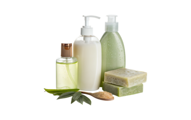 Green spa hygiene products, including soap and shampoo, and a white towel with a flower for aromatherapy, all isolated on a clean background