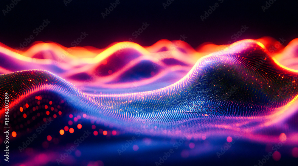 Poster abstract digital landscape of neon circuits and flowing data streams holographic ai nodes pulse with
