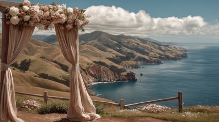 Naklejka premium Oceanside wedding ceremony arch with beige floral decorations, overlooking coastal hills and blue water under a sunny sky.