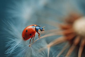 Fototapeta premium Macro view of bright red ladybug crawling across a dandelion seed head, soft focus background, perfect contrast of color and texture