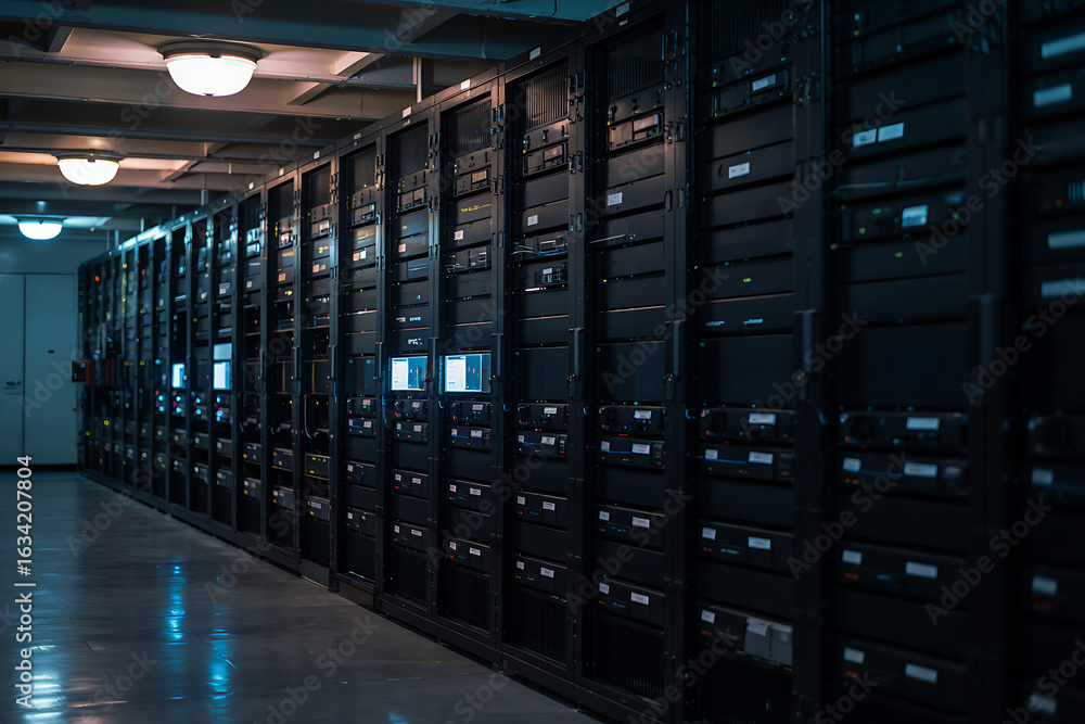 Poster long corridor of server racks with illuminated panels and ceiling lights in a data center server roo