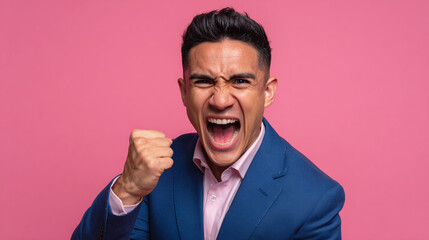 Photograph of a happy Hispanic man in a blue suit with short hair, celebrating success