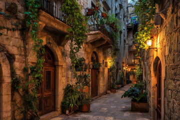 Fototapeta premium Narrow European alleyway with textured stone walls, ivy-covered balconies, and warm ambient lighting, inviting old-world charm