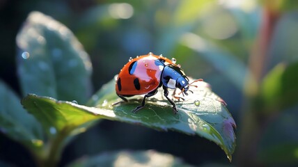 Obraz premium Macro shot of a ladybug with water droplets on its shell on a green leaf