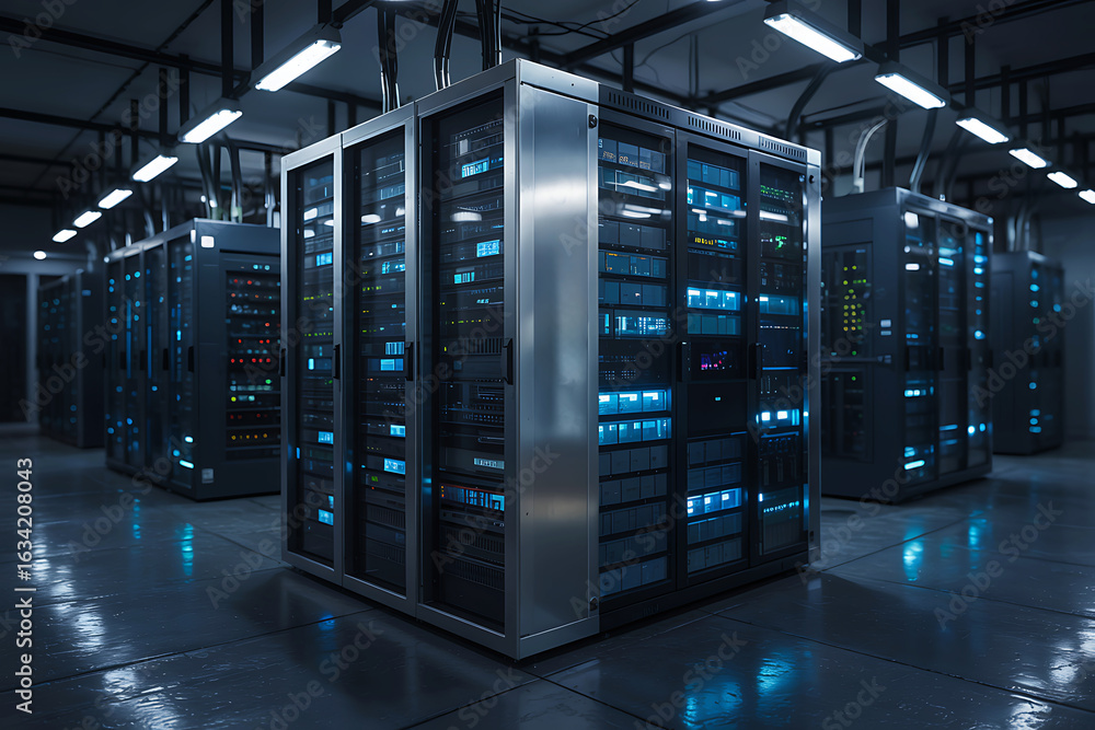 Poster rows of illuminated server racks in a dark data center with blue lights server room technology