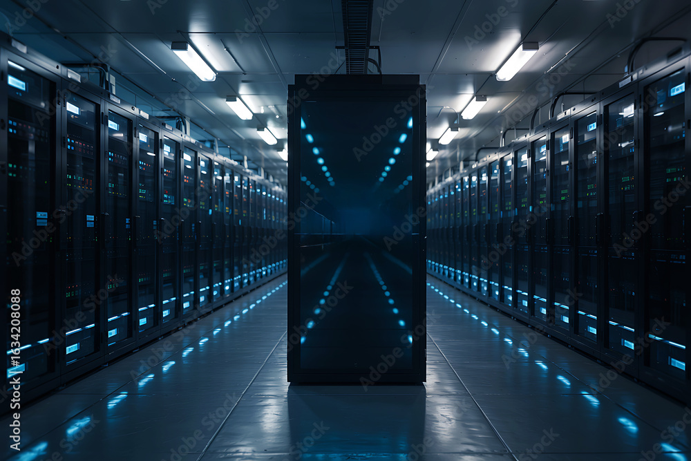 Poster futuristic data center aisle with glowing server racks and a central illuminated tower server room t