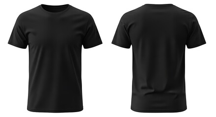 Front and back view of a plain black tshirt isolated on white background