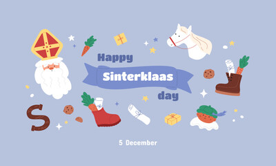 Naklejka premium Happy Sinterklaas day with traditional holiday elements. Christmas Greeting card, celebrate invitation design. Vector illustration. Saint Nicolas portrait, doodle horse, sweets and letters in boots.