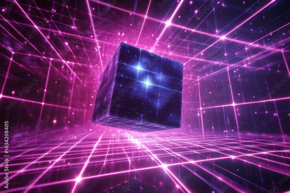 Poster abstract futuristic cube floating in a pink and purple light grid background for technology