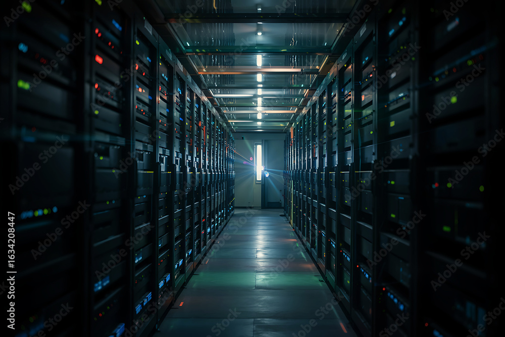 Poster dark server room aisle with colorful blinking lights and a bright light at the end data center corri
