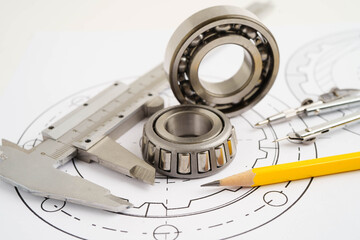 Engineering and precision tools with metal ball bering, mechanical industrial.