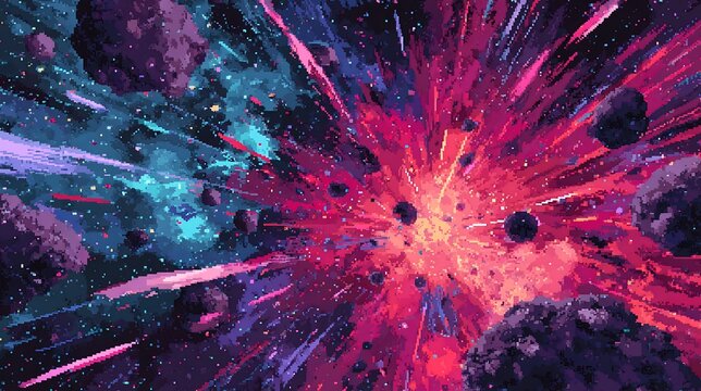 Pixel art cosmic explosion with asteroids and vibrant energy burst