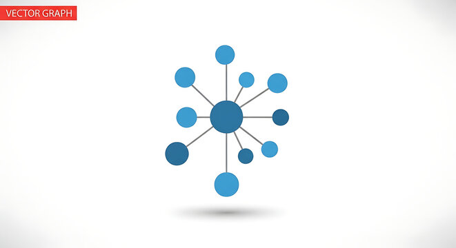 Illustration of a blue network diagram with a central node and connecting lines on white background