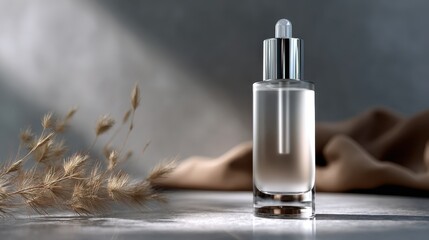 Elegant Serum Bottle: A minimalist glass serum bottle sits gracefully, exuding sophistication and purity, with subtle, soft focus lighting, a true representation of skincare, beauty.