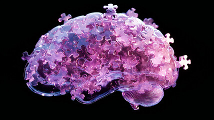 Alzheimers awareness concept translucent human brain comprised of interlocking puzzle pieces some gently floating away soft purple hues symbolize hope and understanding of memory disorders
