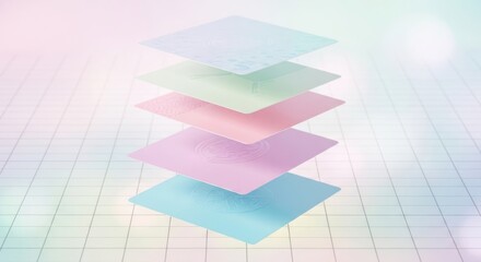 Ethereal Layers: Floating Pastel Cards with Embossed Symbols on a Luminous Grid