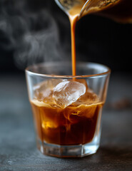 Espresso being poured into clear glass filled with ice