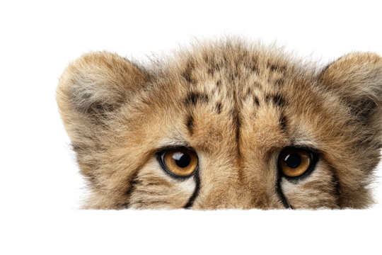 Close-up of a cheetah cub's head and upper body, peering from below
