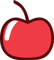 A vibrant glossy red apple with a single curved stem rendered in a simple clean cartoon style with a dark outline