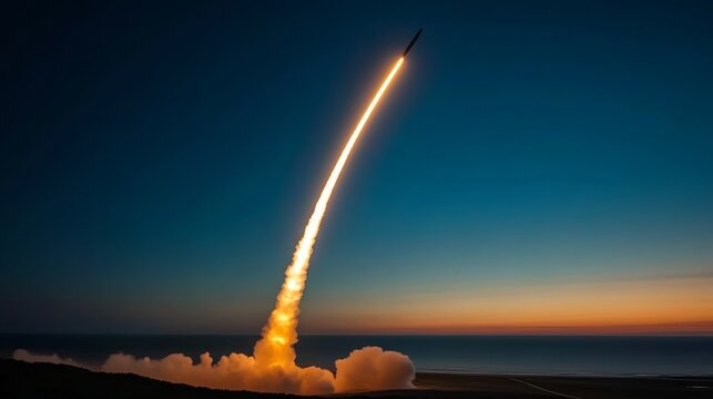 missile trail through sky during defense system test, long exposure shot showing the arc trajectory
