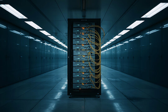 Single Server Rack in a Dark Data Center Corridor with Yellow Cables and Overhead Lights server room