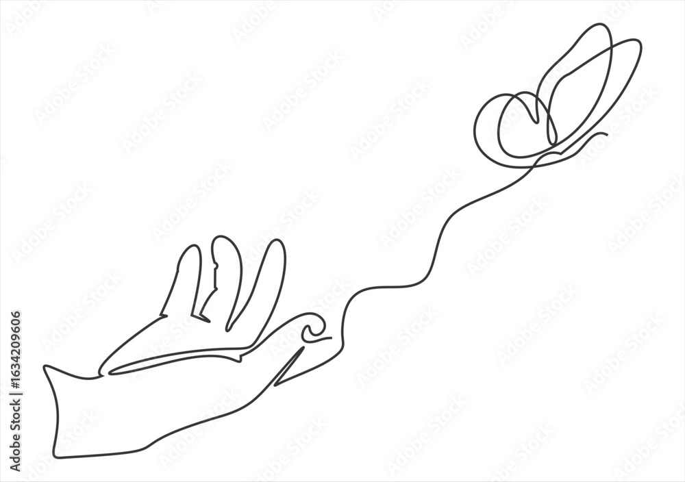 Poster hand reaching for butterfly continuous line. art. line icon-continuous line drawing. editable stroke