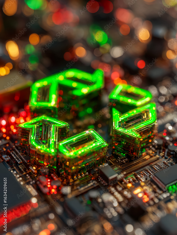Poster close-up of illuminated green circuit symbols on a computer motherboard with colorful bokeh backgrou