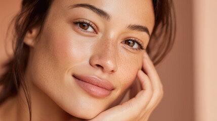 Obraz premium Radiant Beauty: A close-up portrait of a woman with naturally glowing skin and a serene expression, conveying inner peace and healthy vitality. 