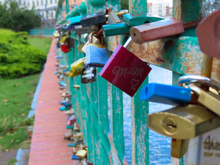 Close-up of colorful love padlocks on a green metal bridge fence